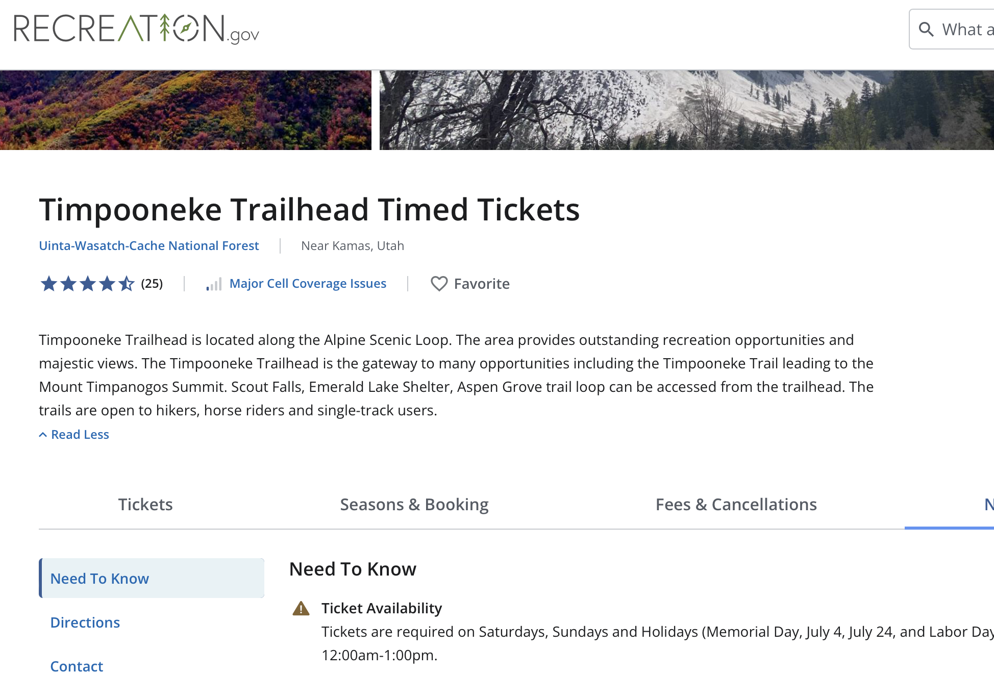 Image shows a screen cap of the Recreation.gov website on the Timpooneke Timed Ticket entry page.